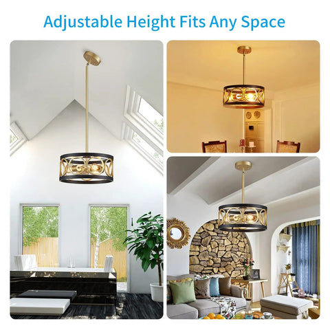 Three Light Modern Pendant Chandelier For Dining Room Living Room Kitchen Island Height Adjustable Metal Black And Gold Fixture