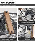 Farmhouse Caged Ceiling Fan With Lights And Remote Control, 17 Inch Low Profile Rustic Wood Color details and components