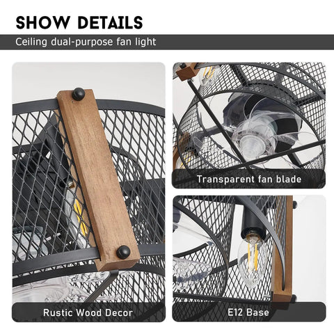 Farmhouse Caged Ceiling Fan With Lights And Remote Control, 17 Inch Low Profile Rustic Wood Color details and components