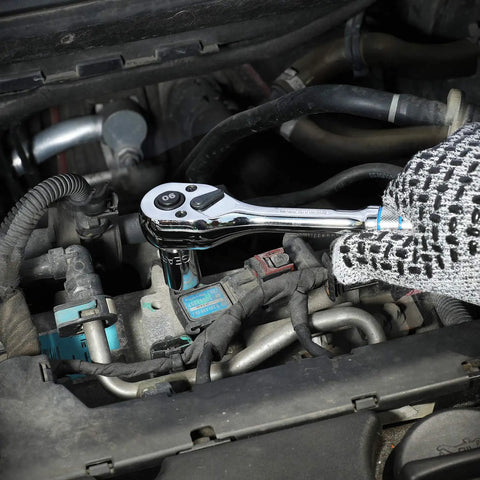 Three Eighths Inch Drive Ratchet With Ninety Tooth Quick Release Reversible Chrome Alloy Finish in automotive use