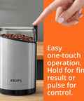 Krups Electric Coffee Grinder With 3 Oz Capacity And 200 Watt Motor Grinds Beans, Spices, And Nuts Easily in stainless steel design.
