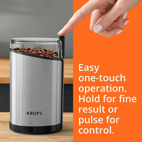 Krups Electric Coffee Grinder With 3 Oz Capacity And 200 Watt Motor Grinds Beans, Spices, And Nuts Easily in stainless steel design.