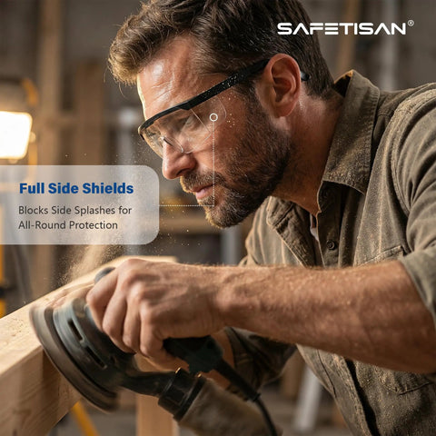 Man wearing Tough As Nails Clear Safety Glasses Heavy Duty Bulk Pack featuring adjustable temples and side shields while sanding wood.