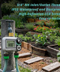 Brass Sprinkler Timer With Waterproof LCD Screen installed in garden, showing 2-zone function for hose watering system, 3/4 inch thread.