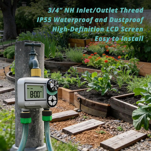 Brass Sprinkler Timer With Waterproof LCD Screen installed in garden, showing 2-zone function for hose watering system, 3/4 inch thread.