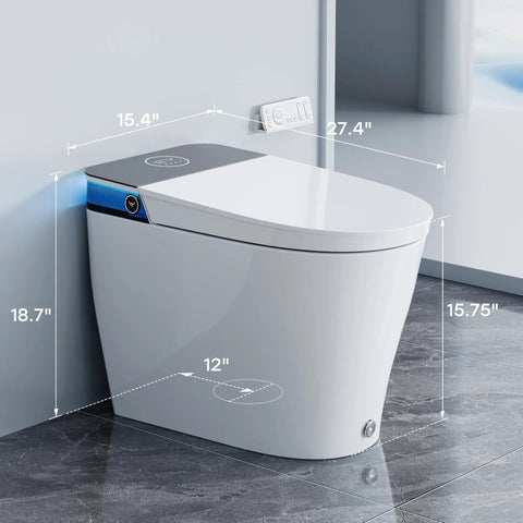 Sleek Sensor Activated Smart Toilet With Built In Bidet Pump And Self Cleaning Deodorizer Featuring Heated Seat And Smooth Flushing Action, dimensions shown.