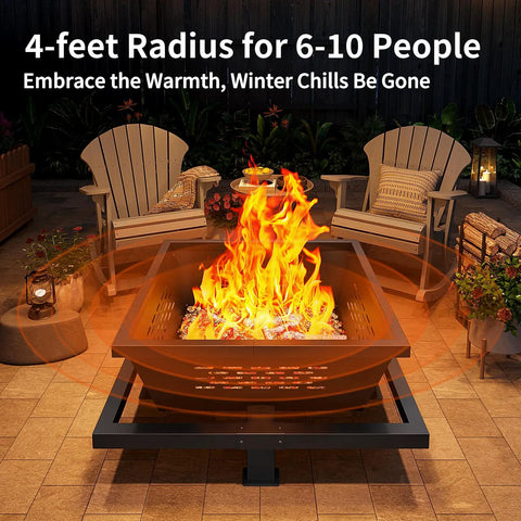 42 Inch Large Square Outdoor Fire Pit With Poker, Wood Burning Fire Pit for Camping, Backyard or Patio, showing roaring fire