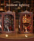 Front view of the Twilight Library Edition DIY Book Nook Kit with LED lights, featuring intricate wooden 3D puzzle miniatures.