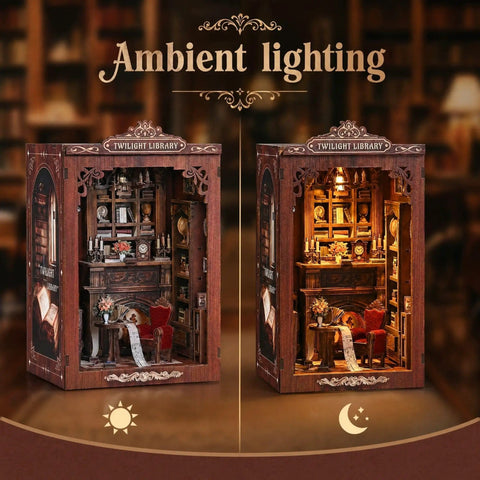 Front view of the Twilight Library Edition DIY Book Nook Kit with LED lights, featuring intricate wooden 3D puzzle miniatures.
