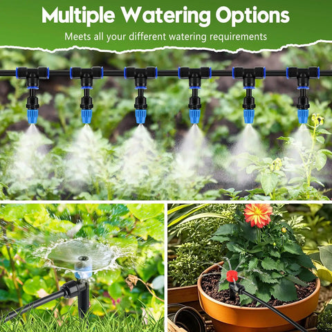 Two Hundred Forty Foot Drip Irrigation Kit With No Hassle Quick Connect Fittings for automatic garden watering system in use