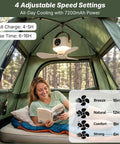 Top Rated Portable Ceiling Fan And Battery Operated Tent Fan Crafted For Campers Craving Straight Up Chill Airflow And No Sweat Remote Control For A Sweet Weekend Getaway inside a tent with user reading.