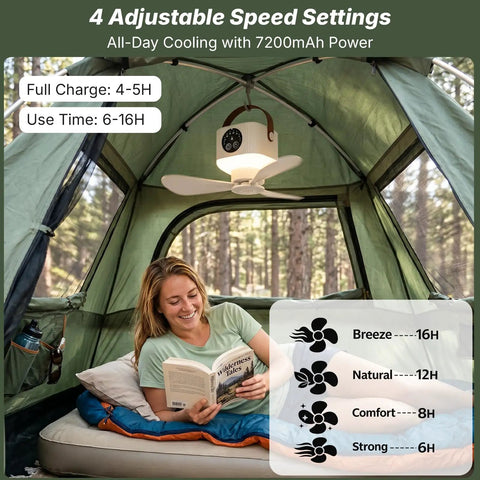 Top Rated Portable Ceiling Fan And Battery Operated Tent Fan Crafted For Campers Craving Straight Up Chill Airflow And No Sweat Remote Control For A Sweet Weekend Getaway inside a tent with user reading.