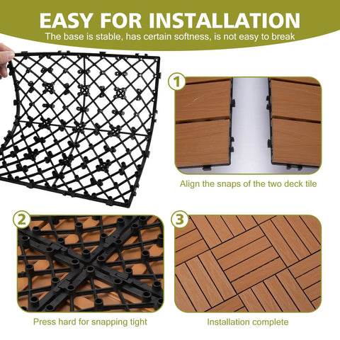Installation guide for Wood Plastic Composite Patio Deck Tiles Interlocking Kit, steps showing snap-fit assembly for teak finish tiles.