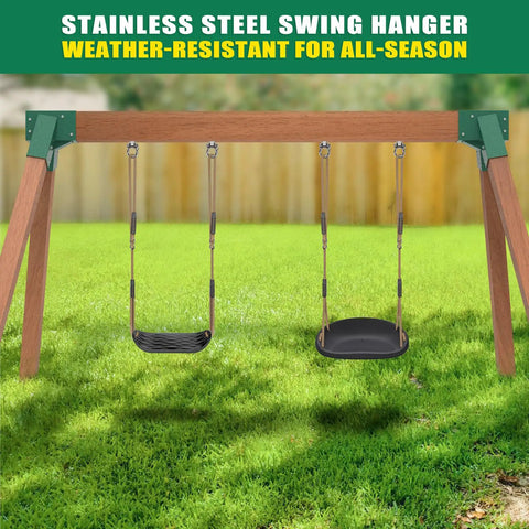 Bulletproof Heavy Duty Swing Hangers 4 Pack Built Like A Tank Includes Premium 304 Stainless Steel Bolt Hooks Rock Solid 1500 Lbs Capacity perfect for two swings hanging from a wooden frame.