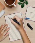 Writing on Vintage Airmail Mini Stationery Set With Fifty Lined Sheets And Fifty Matching Envelopes, Five And A Half By Eight And A Quarter Inches