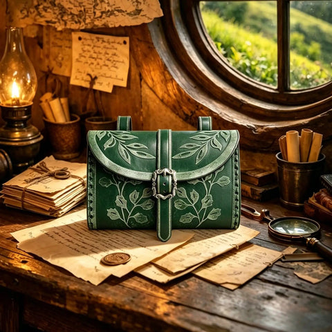 Totally Sick Medieval Renaissance Belt Bag For Women Featuring Green Floral Embossed PU Leather Waist Pouch With Antique Ring Buckle on desk.