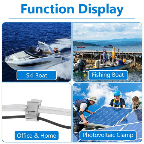 Demonstration of 100 Pack Stainless Steel S Cable Clips For Solar Panels RV Trailers And Boats heavy duty clips in use on boats and solar panels.
