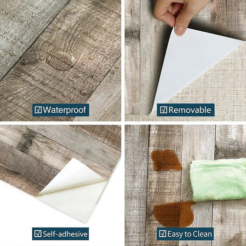 Light Gray Wood Peel And Stick Wallpaper 17.7 Inch By 393.7 Inch 48.4 Sq Ft Roll Self Adhesive Distressed Wood Plank Texture shown waterproof, removable, self-adhesive, easy to clean