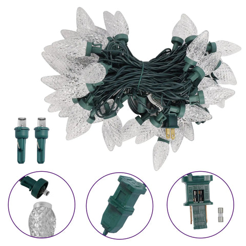 Faceted Green C9 Christmas String Lights With 50 LEDs And 24.5 Foot Connectable Length Indoor Outdoor UL Certified Light Strand