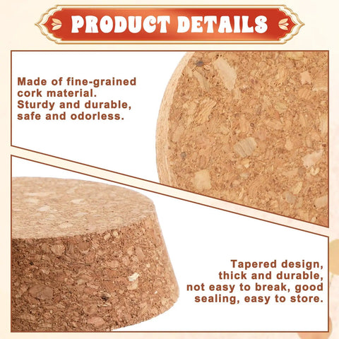 Close-up of tapered cork stoppers set, large 3.5 inch wood cork bottle plugs for canning jars and wine bottles, fine-grained material