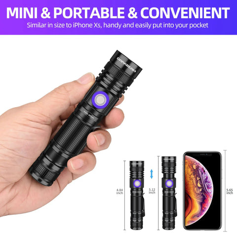 Person holding 365nm UV Flashlight Blacklight 2 Pack USB Rechargeable Handheld Wood's Lamp, size comparison with smartphone.