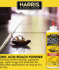 Heavy Duty Boric Acid Roach And Silverfish Killer Dust With Irresistible Lure For Fast Acting Bug Nuking And Long Lasting Puffer Bottle Pest Control Kit 16 Oz on a floor next to a dead cockroach.