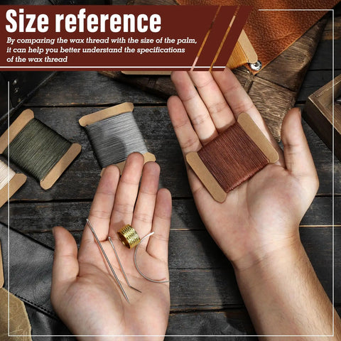 Hands holding waxed thread spools, needle, and thimble from Heavy Duty Leather Stitching Kit With 32 Yards Waxed Thread
