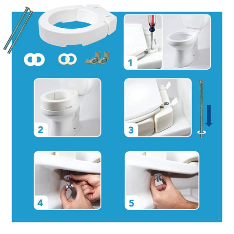 Installation steps for hinged round raised toilet seat riser with 3.5 inch lift, 300 lb capacity, universal fit for standard toilets.