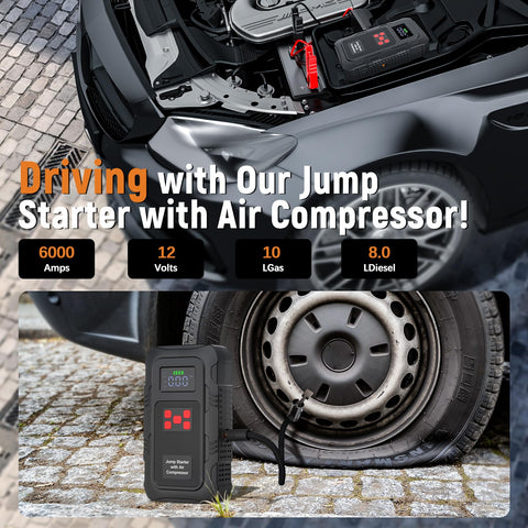 6000A Jump Starter With Air Compressor For Cars And Trucks, 150 PSI Tire Inflator, 12V Power Bank Jump Box With LCD Display
