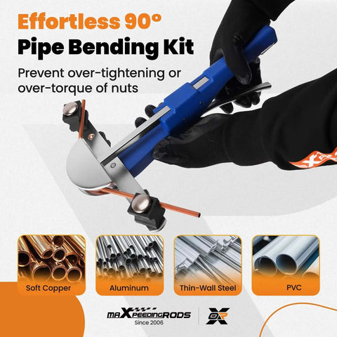 Ratcheting Pipe Bender Kit with 7 interchangeable dies for 1/4 to 7/8 inch tubing copper or aluminum 90 degree bends tool.