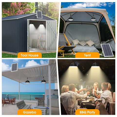 Dual Head Solar Pendant Lights IP65 Waterproof 6000K And 3000K Dimmable With Remote And Timer illuminating tool house, tent, gazebo, and BBQ party