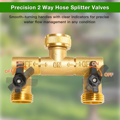 Solid Brass Two Way Hose Splitter With 360 Degree Swivel Outlets And Three Quarter Inch GHT Connection For Garden Use Rust Resistant Freeze Proof Easy To Attach To Standard Faucets Built To Last, brass 2-way valve