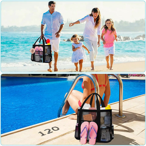 Family on beach with Mesh Beach Tote For Women With 8 Pockets And Inner Zipper Pocket, Waterproof Sandproof Beach Bag for Towels, Sunscreen