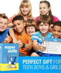 Group of teens holding "Super Skills" game with score sheet, smiling with Ultra Fun Competitive Challenge Game With 120 Quick Dares And Cup Stack Challenges Perfect For Family Nights Parties And Teens Beat Your Friends And Win In Fast Paced Group Play box.