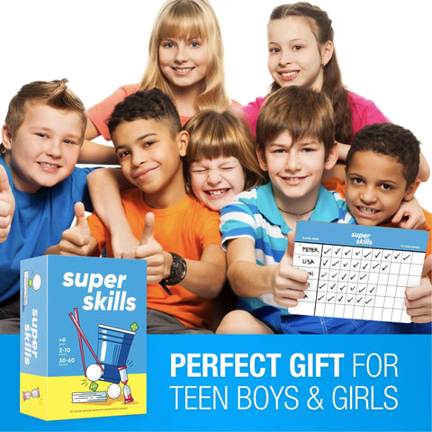Group of teens holding "Super Skills" game with score sheet, smiling with Ultra Fun Competitive Challenge Game With 120 Quick Dares And Cup Stack Challenges Perfect For Family Nights Parties And Teens Beat Your Friends And Win In Fast Paced Group Play box.