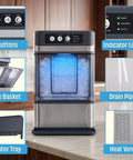 Countertop Nugget Ice Maker Delivering Dang Good Soft Chewable Ice That Chills Your Drinks Fast, features buttons and ice basket.