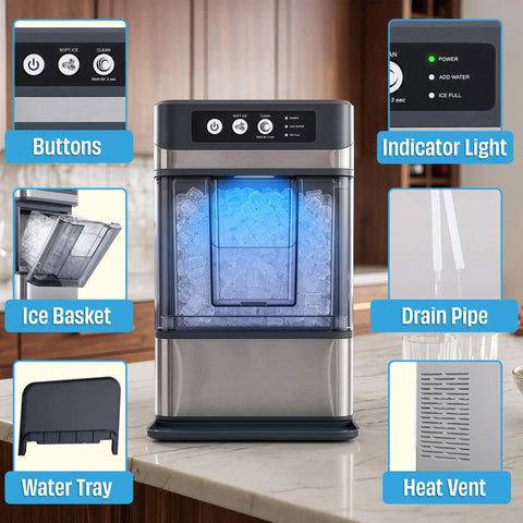 Countertop Nugget Ice Maker Delivering Dang Good Soft Chewable Ice That Chills Your Drinks Fast, features buttons and ice basket.