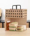 Polka Dot Kraft Paper Shopping Bags With Handles Large 15.9 By 9.8 By 17.3 Inch in kitchen with takeout boxes inside