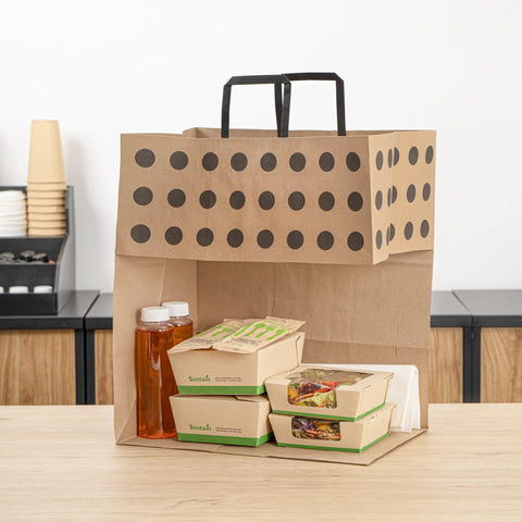 Polka Dot Kraft Paper Shopping Bags With Handles Large 15.9 By 9.8 By 17.3 Inch in kitchen with takeout boxes inside