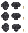 Six Piece Set Black Vintage Flower Cabinet Drawer Knobs With Floral Embossing 1.38 Inch Wide For Dresser Cupboard Wardrobe Furniture Includes Two Screw Sizes 25mm And 38mm shown with included screws