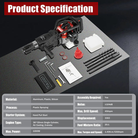 Gas Powered Jack Hammer Concrete Breaker 33cc 2 Stroke Heavy Duty Demolition Tool with accessories on display table