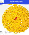Coiled Go-To Yellow Plastic Chain 25 Ft 1.42 Inch Link with red S-hook and 6 yellow S-hooks for crowd control and barrier use.