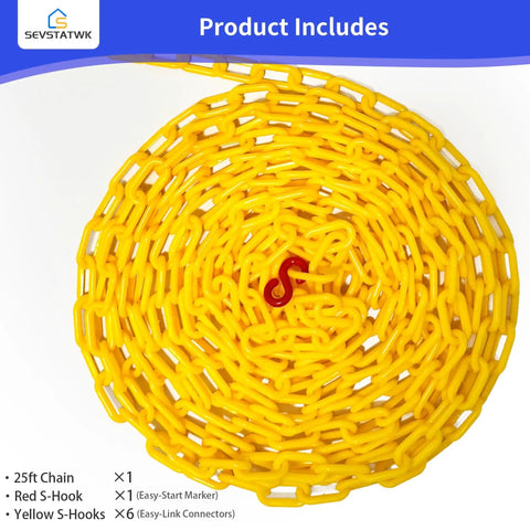Coiled Go-To Yellow Plastic Chain 25 Ft 1.42 Inch Link with red S-hook and 6 yellow S-hooks for crowd control and barrier use.