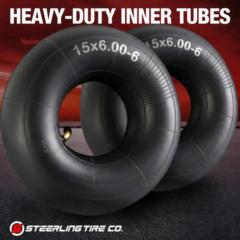 Heavy Duty 15x6.00-6 Inner Tubes 2 Pack With TR-13 Straight Valve Stem for mowers and more, displayed on red background.