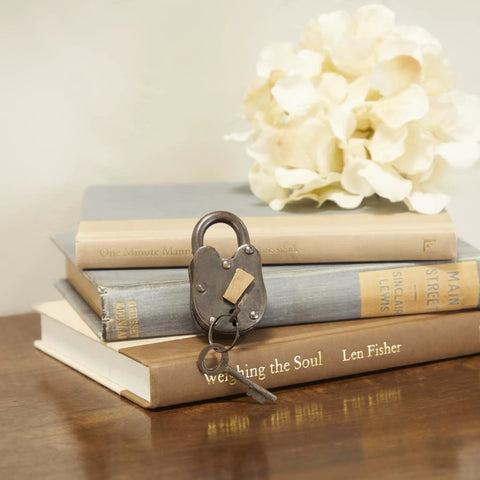 Brass Metal Lock And Key Decor Prop For Indoor And Outdoor Use Dark Gray Finish 1 Inch By 3 Inch On Book Stack