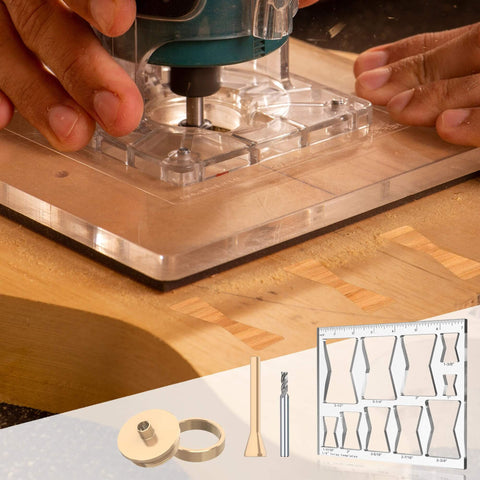 Hands using All In One 7 By 7 Inch Router Templates Set With Ten In One Bowtie Inlay And Butterfly Templates For Woodworking on wood surface.