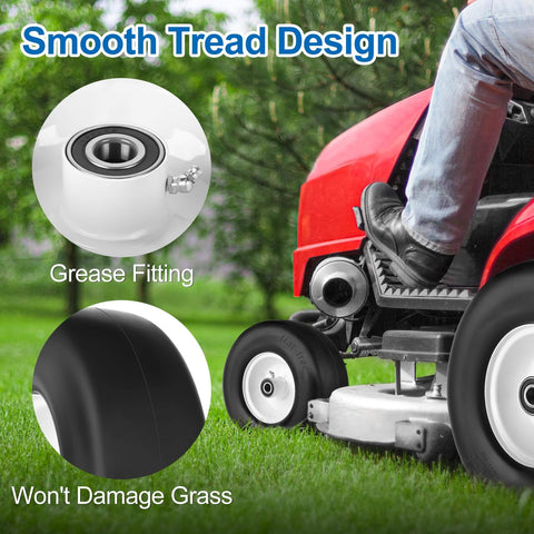 Flat Free 13x5 Front Lawn Mower Tires And Wheels For Zero Turn Mowers Smooth Tread installed on red mower