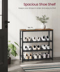 Four Tier Shoe Rack For Entryway Storage Freestanding Adjustable Mesh Shelves Heavy Duty Industrial Organizer with shoes organized on shelves.