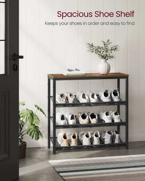 Four Tier Shoe Rack For Entryway Storage Freestanding Adjustable Mesh Shelves Heavy Duty Industrial Organizer with shoes organized on shelves.