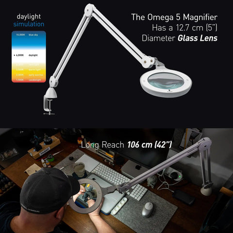 Pro Grade LED Magnifying Lamp With Interchangeable Glass Lenses 3 Diopter And 5 Diopter Adjustable Arm Dimmer Switch in use